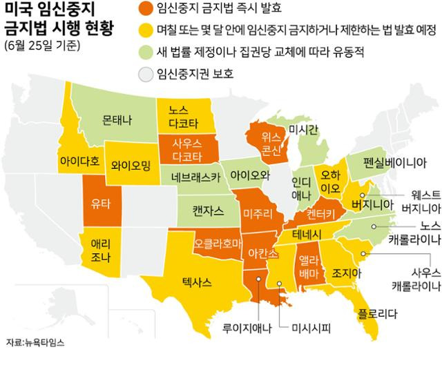 미국 임신중지 금지법 시행 현황(6월 25일 기준)