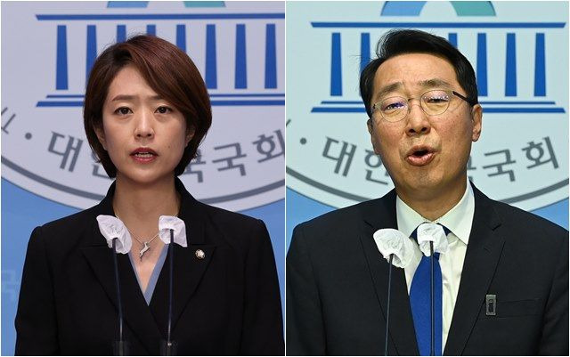 더불어민주당 고민정(왼쪽) 의원과 윤영찬 의원이 12일 오전 국회 소통관에서 최고위원 출마 선언 기자회견을 하고 있다. (공동취재사진) ⓒ데일리안 박항구 기자