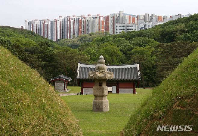 [김포=뉴시스] 배훈식 기자 = 문화재청이 일명 '왕릉뷰 아파트'의 입주 유보를 위한 행정 조정을 신청한 것으로 알려진 11일 오후 경기 김포시 장릉(사적 제202호) 앞 시야를 고층 아파트가 막고 있다. 2022.05.11. dahora83@newsis.com