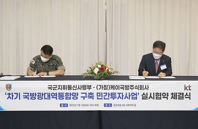 KT 신수정 Enterprise부문장(오른쪽)과 국군지휘통신사령부 임강규 사령관이 협약서에 서명하고 있는 모습. KT 제공