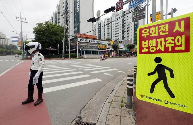 횡단보도 앞 '일시정지' 단속 첫날 촬영 천경환 기자