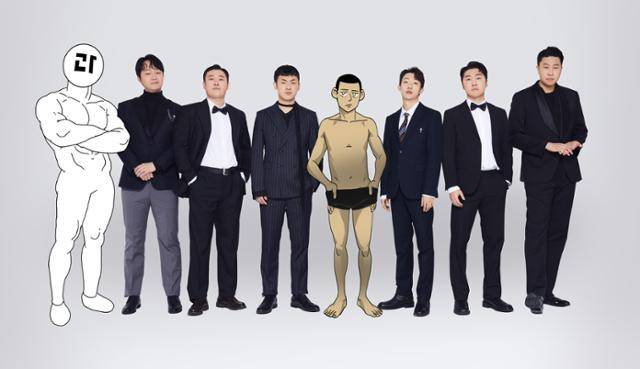 메타코미디 소속 크리에이터들의 프로필 사진. 왼쪽부터 유튜버 과나, 코미디언 정재형, 이선민, 김민수, 유튜버 장삐쭈, 웃음박재, 코미디언 조훈, 이용주. 메타코미디 제공