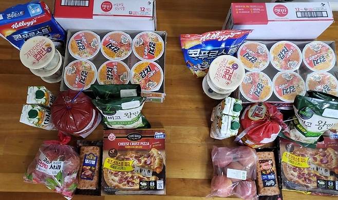지난 7일 쿠팡(왼쪽)과 이마트에서 각각 구매한 14종의 동종·유사&nbsp;식료품.