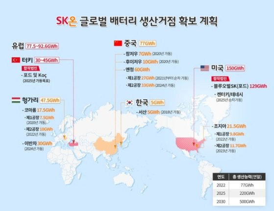 SK온 배터리 생산 거점 확보 계획. [사진 SK온]