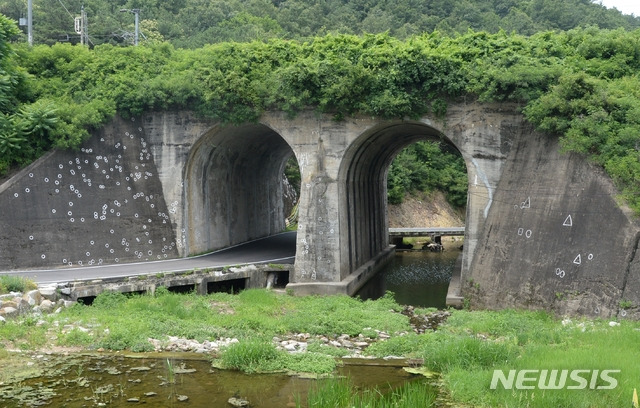 [영동=뉴시스] 조성현 기자 = 노근리 사건 현장인 충북 영동군 황간면 노근리 경부선 철도 쌍굴다리. 1934년 길이 24.5m, 높이 12.25m로 세워졌다. 2003년 문화재청의 등록문화재 59호로 지정됐다. 2021.06.24. jsh0128@newsis.com