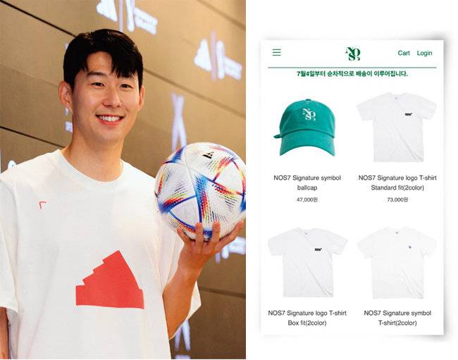 축구선수 손흥민(왼쪽). 손홍민이 론칭한 패션 브랜드. [동아DB, NOS7[NOS7 홈페이지 캡처]