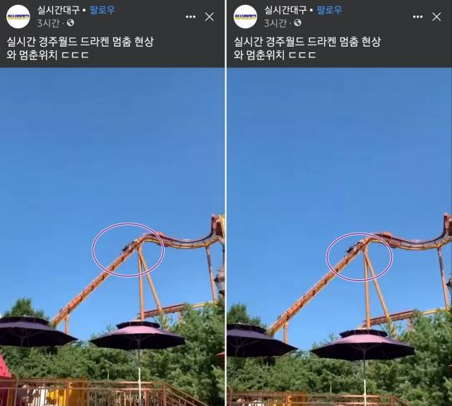 대구 지역 커뮤니티 페이지에 올라온 경주월드 롤러코스터 드라켄 멈춤 사고 현장 사진. 페이스북 캡쳐