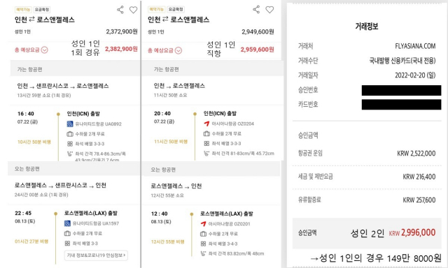 인천-LA 왕복 항공권 가격. 순서대로 경유 1회(왼쪽), 직항(가운데), 안씨가 지난 2월 구매한 성인 2인 직항 항공권(오른쪽). 인터파크투어 캡처
