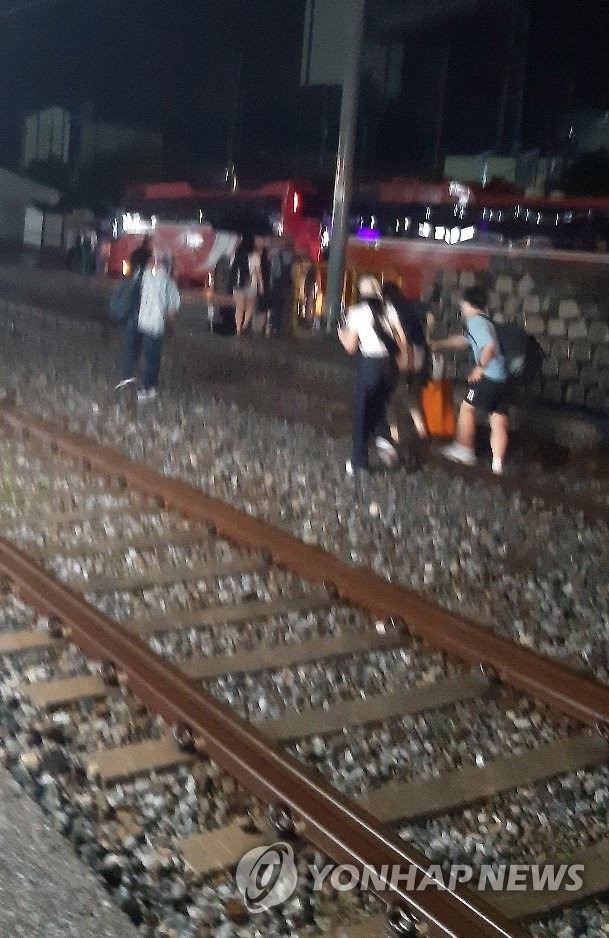 KTX 강릉선 낙뢰로 운행 중단에 버스를 타기 위해 선로를 넘어 이동하는 승객 [독자 제공. 재판매 및 DB 금지]