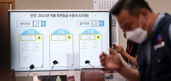 지난 6월 29일 밤 정부세종청사 최저임금위원회 회의실에서 열린 제8차 전원회의에서 재적 27, 출석 23, 찬성12, 반대1, 기권 10으로 2023년 최저임금이 9천620원으로 결정된 가운데 박준식위원장과 근로자위원인 한국노총 이동호 사무총장이 표결 전광판 앞을 지나고 있다. 2022.6.29/뉴스1 © News1 김기남 기자 /사진=뉴스1