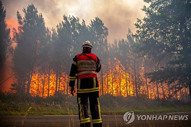 불타는 숲 앞에 선 소방관 (지롱드 로이터=연합뉴스) 16일(현지시간) 프랑스 남서부 랑디라스 인근의 산불 모습. [프랑스 지롱드 지역 소방대 제공ㆍ재판매 및 DB 금지]