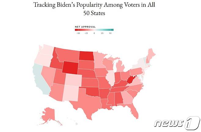 미 50개 주(州) 가운데 44개 주에서 바이든 대통령을 부정적으로 평가했다. © 뉴스1 (미국 여론조사업체 모닝컨설트 캡처)