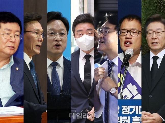 더불어민주당 8·28 전당대회 당대표 후보인 설훈·김민석·강병원·강훈식·박용진·박주민·이재명 의원(선수순, 동일 선수시 가나다순). 이외에 이동학 전 최고위원도 당대표 후보로 등록했다. ⓒ데일리안