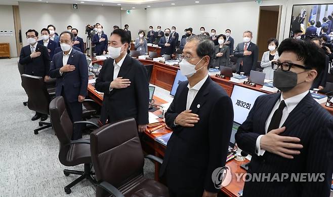 국기에 경례하는 윤석열 대통령 (서울=연합뉴스) 안정원 기자 = 윤석열 대통령이 19일 오전 서울 용산 대통령실 청사에서 열린 국무회의에서 국기에 경례하고 있다. 오른쪽부터 한동훈 법무부 장관, 한덕수 국무총리, 윤 대통령, 추경호 경제부총리 겸 기획재정부 장관. 2022.7.19 [대통령실통신사진기자단] jeong@yna.co.kr