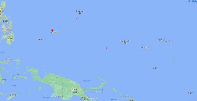 미크로네시아연방은 총 4개주로 구성돼있다. 서쪽에서 동쪽으로 아프, 추크(빨간점), 폰페이, 코스라에 등이다. 화면 속 미크로네시아연방이라 표시된 지역이 폰페이주로 수도 팔라키르가 속해 있다. (구글지도 화면 갈무리) 2022.07.20 ⓒ 뉴스1
