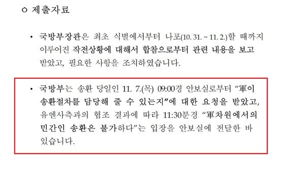 태영호 국민의힘 의원실이 국방부로 받은 답변자료에 따르면 국방부는 탈북선원 송환 수시간 전인 2019년 11월7일 11시30분 경 청와대 안보실에 '군 차원에서의 민간인 송환 불가 통보'를 했다. 태영호 의원실