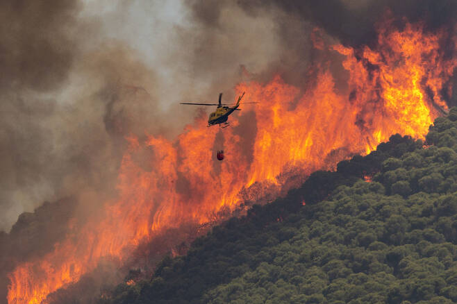 지난 15일(현지시간) 스페인 남부 말라가주 미하스에서 발생한 산불로 소방헬기가 물을 퍼붓고 있다.