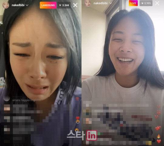 비비는 22일 라이브 방송(오른쪽)을 진행해 전날인 21일 방송(왼쪽)에서 보인 눈물에 대해 해명했다.(사진=비비 SNS)