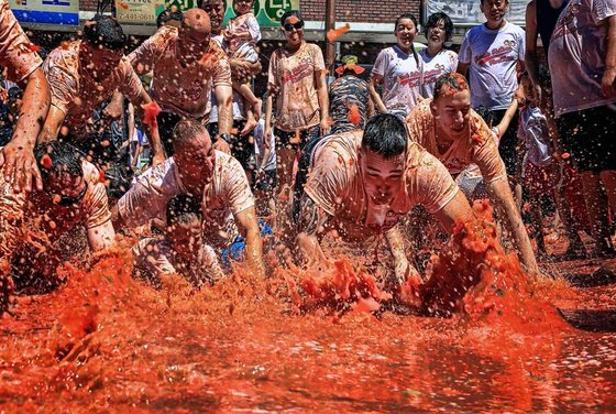 화천 토마토축제에서 황금반지를 찾는 사람들의 모습. [사진 화천군]