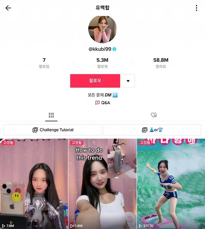 틱톡의 우수 챌린지 크리에이터로 선정된 인플루언서 유백합. 유백합은 다양한 챌린지 숏폼 영상으로 볼거리를 제공한다.[출처 틱톡]