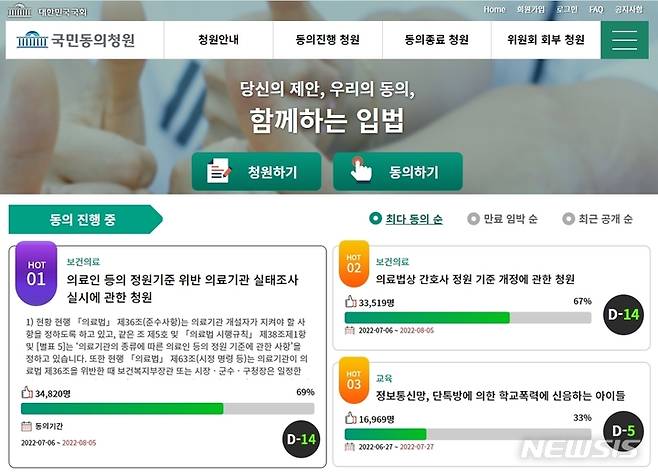 [서울=뉴시스]22일 국회 국민동의청원 홈페이지에 따르면 보건의료 분야 ‘의료인 등의 정원기준 위반 의료기관 실태조사 실시에 관한 청원’이 3만4820명(오후 1시30분 기준)의 동의를 얻어 가장 많은 국민이 참여한 것으로 집계됐다. 지난 6일 청원글이 공개된 지 보름 만이다. (캡처= 국회 국민동의청원 홈페이지) 2022.07.22