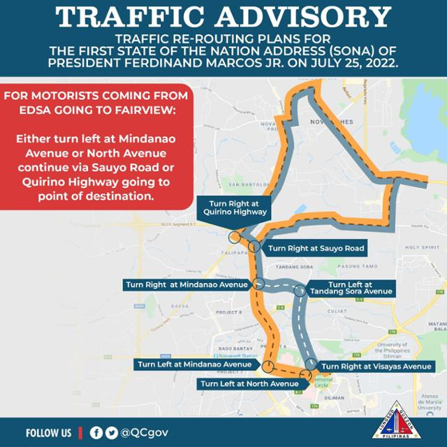 25일 필리핀 수도 메트로 마닐라의 케손시 당국이 시민들에게 국정연설이 열리는 현장 인근 도로의 통제와 우회도로를 설명하는 글을 사회관계망서비스(SNS)에 공지했다. 케손시 페이스북 홈페이지 캡처