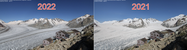 올해 스위스 알프스 산맥의 만년설이 지난해와 비교해 줄어든 모습이다. 스위스 기상청 트위터 캡처