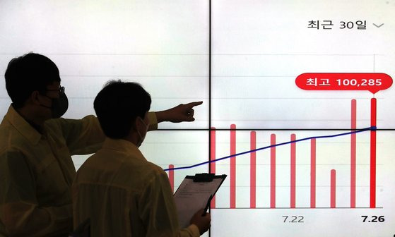 코로나19 신규 확진자가 다시 10만 명대로 올라선 27일 서울 송파구청 재난안전상황실에서 관계자들이 확진자 현황을 살펴보고 있다.  27일 0시 기준 코로나19 신규 확진자는 10만285명이며, 10만 명대를 넘어선 것은 98일 만이다. 뉴스1.