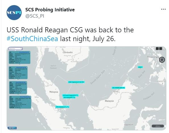 중국 베이징대 싱크탱크 남중국해전략태세감지계획(SCSPI)이 발표한 미 항공모함 로널드 레이건호 이동경로