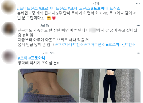 자신을 ‘프로아나’라고 소개하며 함께 살을 뺄 사람들을 구하는 게시물. 트위터 캡처