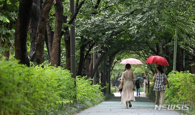 [서울=뉴시스] 김금보 기자 = 지난달 31일 서울 서초구 양재천길에서 우산을 쓴 시민들이 녹음 속을 산책하고 있다. 2022.07.31. kgb@newsis.com