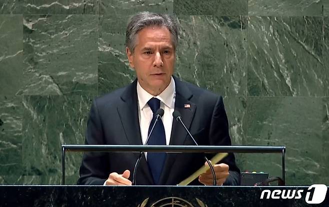 토니 블링컨 미 국무장관이 1일(현지시간) 미국 뉴욕 유엔본부에서 개막한 제10차 핵확산금지조약(NPT) 평가회의에 참석해 연설을 하고 있다. ⓒ 뉴스1(유튜브 화면 캡쳐)
