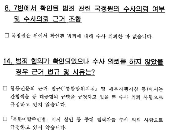 국가정보원은 과거 북한이탈주민의 입국 전 범죄에 대해 수사를 의뢰한 바 없다고 국회 정보위 서면 질의응답 자료를 통해 밝혔다. 윤건영 의원실 제공.