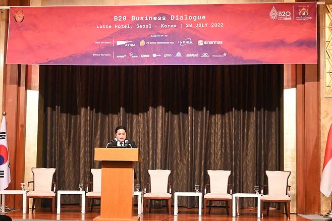 Indonesia’s State-Owned Enterprises Minister Erick Thohir delivers remarks at the B20 Business Dialogue held at Lotte Hotel, Seoul, Thursday. (Sanjay Kumar/The Korea Herald)