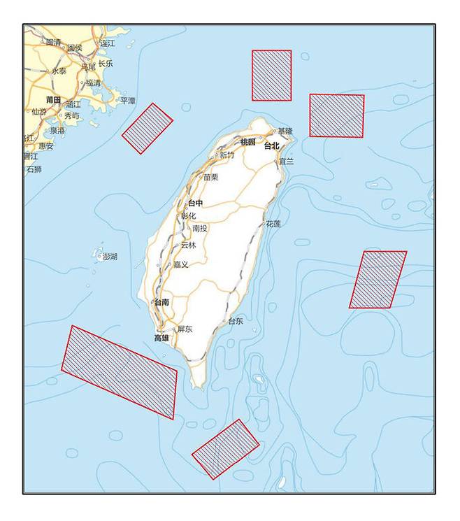 중국 인민해방군(PLA) 동부전구가 펠로시 의장의 대만 방문에 맞서 진행하는 연합 훈련 지역.