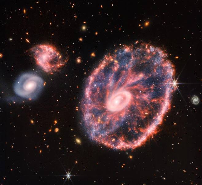 웹 망원경이 포착한 수레바퀴 은하 이미지  [NASA, ESA, CSA, STScI 제공/ 재판매 및 DB 금지] photo@yna.co.kr