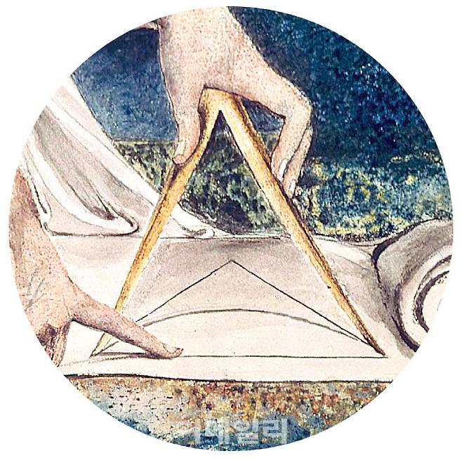 윌리엄 블레이크의 ‘뉴턴’(1795∼1805)의 부분. 근대 과학의 아버지로 불리는 아이작 뉴턴이 주위 환경에는 신경도 쓰지 않고 컴퍼스를 들이댄 채 빠져 있던 ‘삼각형 그리기’를 클로즈업했다. 명징한 선과 색으로 묘사한 움직임이 제대로 보인다.