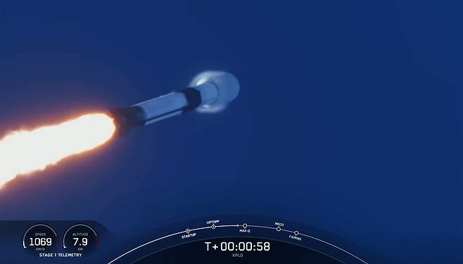 우리나라 첫 달궤도선 다누리가 5일(한국시간) 미국 플로리다주 케이프커내버럴 우주군 기지에서 미국의 민간 우주개발업체 '스페이스X'의 '팰컨 9' 발사체에 실려 발사되고 있다. /항우연 캡처