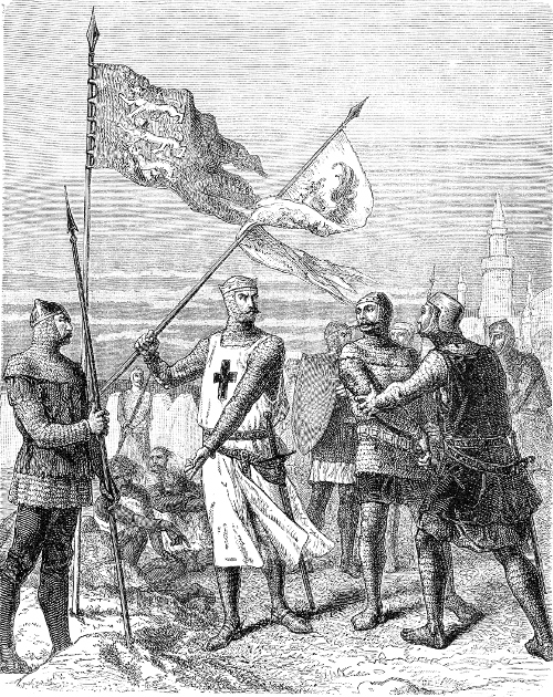 제3차 십자군 원정(1189~1192년)을 이끈 잉글랜드 왕 리처드 1세는 예루살렘을 점령한 살라딘의 군대를 패퇴시키지 못했고, 휴전을 통해 순례자들의 안전 통행 조처만 얻어냈다. 그림 속 깃발을 들고 있는 이가 리처드 1세. 게티이미지뱅크