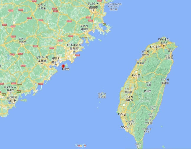 진먼섬은 대만 본섬과는 멀리 떨어져 있는 반면 중국 본토에 아주 가깝게 붙여 있는 대만 영토다. (이미지=구글 캡쳐)