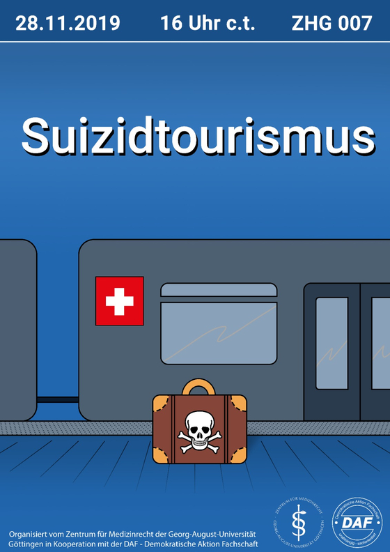 독일 괴팅겐대학에서 스위스의 조력 자살을 주제로 토론회를 열면서 만든 안내 포스터. 스위스행 기차 앞에 ‘자살 관광’이라는 제목이 붙어 있다. [사진 괴팅겐대학 웹사이트]