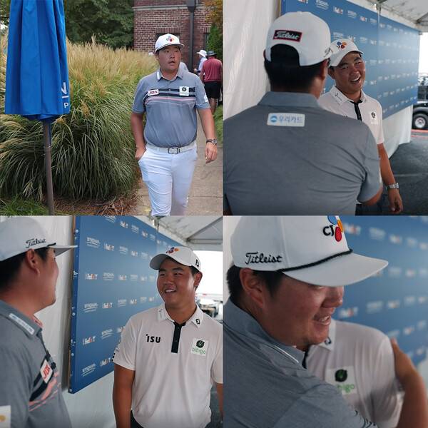 2022년 미국프로골프(PGA) 투어 윈덤 챔피언십에 출전한 임성재 프로가 우승을 차지한 후매 김주형 프로를 찾아가 안아 주고 축하해 주는 모습이다. 사진제공=PGA투어가 제공한 영상 캡처