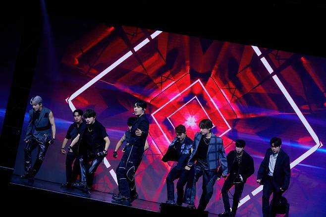 Boy band Golden Child performs during a press showcase event for its sixth EP “Aura” held at Yes24 Live Hall in Gwangjin-gu, eastern Seoul, Monday. (Woollim Entertainment)