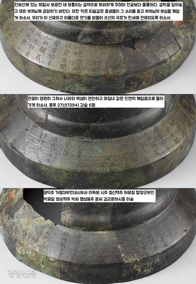 청동 풍탁(풍경)에 새겨진 명문 134자. “천보산 회암사 보광명전의 네 모서리를 금으로 단장하여…금탁을 매달아 부처님께 바칩니다…조선이라는 이름이 만세토록 전해지고, 전쟁이 영원토록 그쳐 나라와 백성이 편안하여 함께 하는 인연으로 돌아감을 깨닫게 하소서”라는 내용이다. 이 보광전 불사의 공덕주(시주자)는 환관인 ‘판내시부사 이득분’이다. <태조실록>에 따르면 신덕왕후 강씨가 위독해지자 이득분의 집에서 치료했으며, 그곳에서 승하했다. 이득분은 강씨와 강씨의 소생인 세자 이방석의 든든한 후원자였음을 알 수 있다.|국립중앙박물관 소장