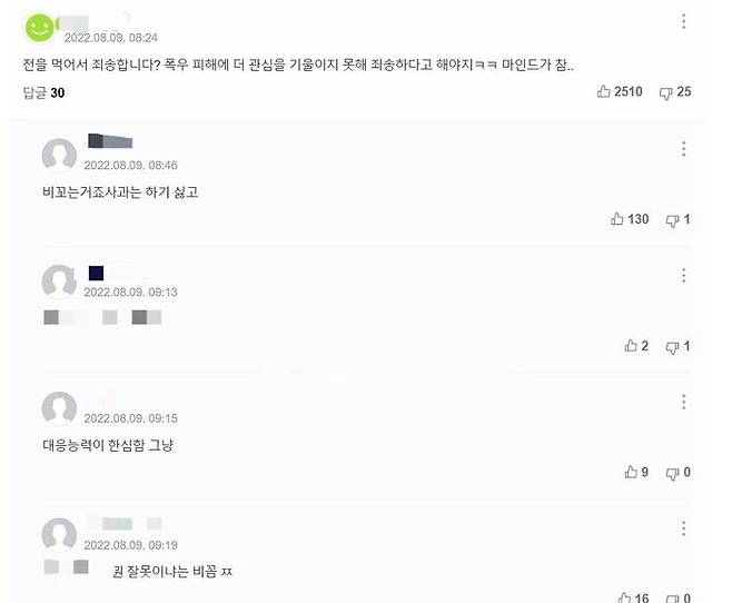 박강수 마포구청장 폭우 속 '먹방 인증샷'과 관련한 기사에 달린 누리꾼들의 댓글. (사진=네이버 기사 댓글란 캡쳐)