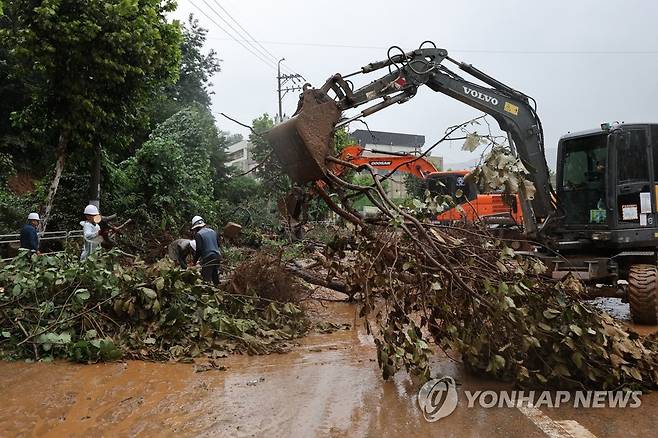 산사태 복구 작업 (서울=연합뉴스) 김주성 기자 = 9일 서울에 내린 80년 만의 기록적 폭우로 산사태가 발생한 서울 관악산역 인근 청룡산 자락에서 작업자들이 뿌리째 넘어진 나무를 정리하는 등 복구작업을 하고 있다. 2022.8.9 utzza@yna.co.kr