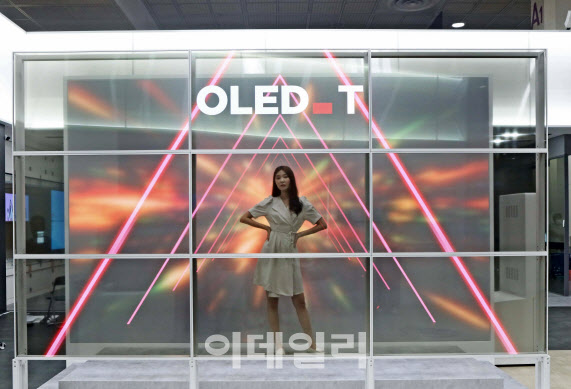 ▲10일 서울 코엑스에서 열린 ‘K-디스플레이 2022’에서 55인치 투명 OLED 9대로 홀로그램을 구현한 LG디스플레이 ‘투명 포토월’을 체험하는 모습. (사진=LG디스플레이)