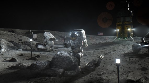 아르테미스 프로젝트를 통해 우주인이 달에 착륙해 달 표면의 자원을 채취하는 상상도. NASA 제공