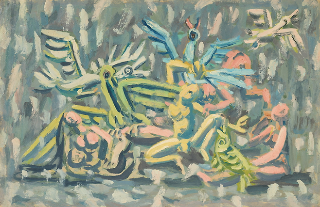 이중섭의 ‘가족과 첫눈’(1950년대 전반, 종이에 유채, 32×49.5cm). 국립현대미술관 이건희컬렉션