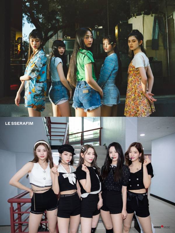 위부터 그룹 뉴진스와 르세라핌. 어도어 제공, 르세라핌 공식 SNS 캡처
